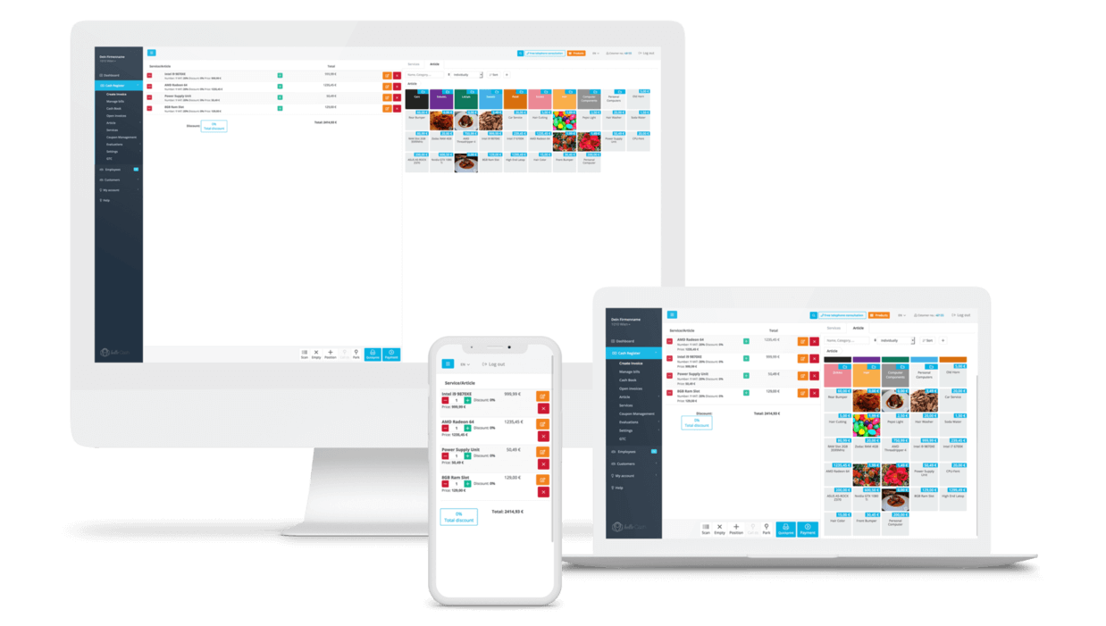 helloCash software on desktop, laptop, and smartphone. Displays features like item overview, services, and payments in a clear user interface.